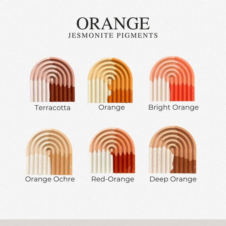 May include: Six arched Jesmonite pigment samples labeled Terracotta, Orange, Bright Orange, Orange Ochre, Red-Orange, and Deep Orange. Each sample features a ribbed, semi-circular design with a two-tone color split, showcasing various shades.