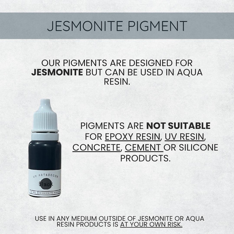 May include: A small black bottle of Jesmonite pigment with a white cap and label reading Black and 12 ml. The text states the pigment is for Jesmonite or Aqua Resin and is not suitable for epoxy, UV resin, concrete, cement, or silicone products.