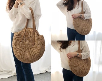 WIEJDHJ Handmade Round Straw Bucket Bag Beach Vacation Handbags Hand-Woven Pure Woven Bag For Women Shopping Totes 