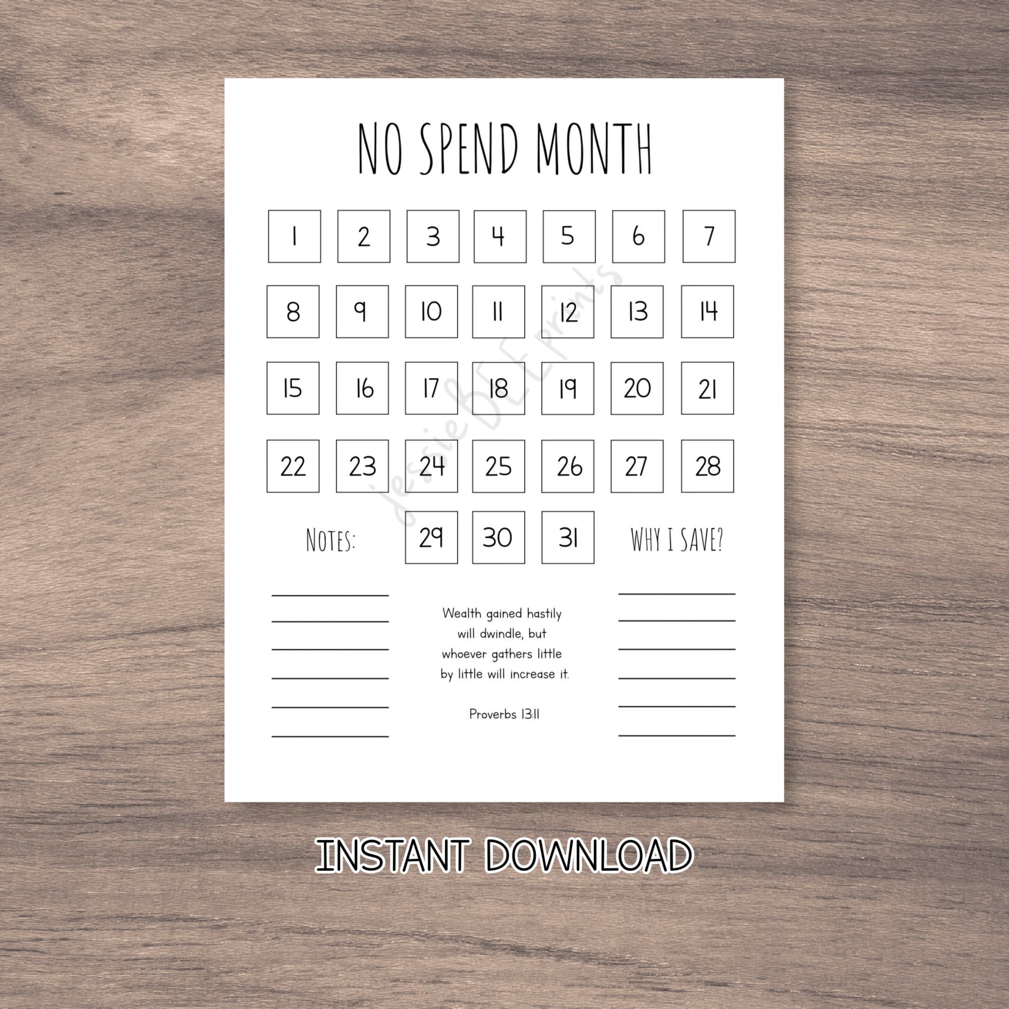 No Spend Month Tracker/ No Spending Printable/ No Spending Challenge