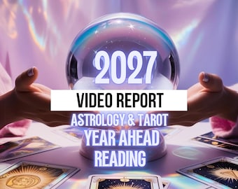 May include: A clear crystal ball sits centered among several tarot cards. The text 2027 VIDEO REPORT ASTROLOGY & TAROT YEAR AHEAD READING is displayed in white and blue lettering over the crystal ball and a white rectangular banner.