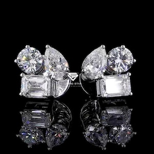 5.00ct Lab Diamond Cluster Stud Earrings: 14K Gold Trio Earrings