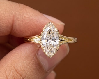 1.00 CT Marquise Lab Diamond Engagement Ring: 14k Gold Milgrain Split Shank Vintage Inspired