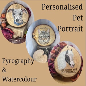 YOUR Pet Portrait on Wood, Pyrograpy art & watercolour, custom pet portrait, hanging wall decor, Christmas bauble, pet gift, memorial pet