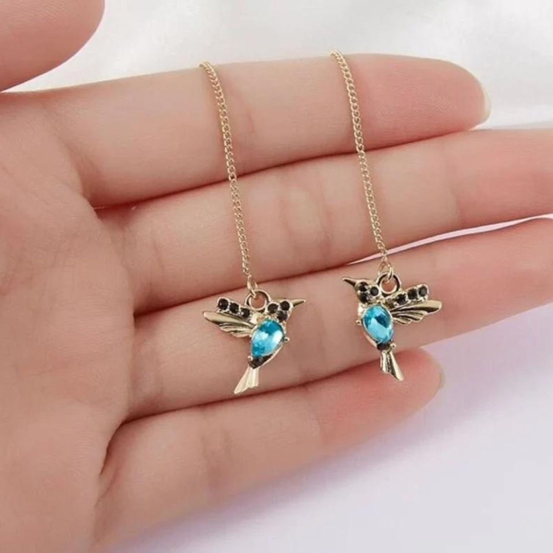 01 Pair Hummingbird Earrings Stud Threader Long Drop Tassel Etsy