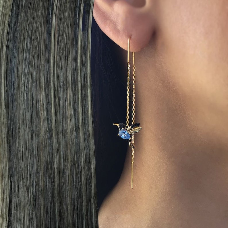 01 Pair Hummingbird Earrings Stud Threader Long Drop Tassel Etsy