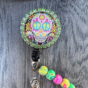 Skull Badge, Flower Sugar Skull Badge, Day of the Dead Badge, skeleton badge reel, Dia de los muertos badge, Halloween badge, holiday badge