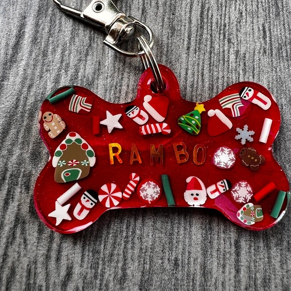Christmas Dog Tag, Dog Bone Key Chain, Holiday Pet Tag, Pet Id Tag, Cat Tag, Personalized Resin Dog Tag, Dog and Cat Accessory, Dog Tag