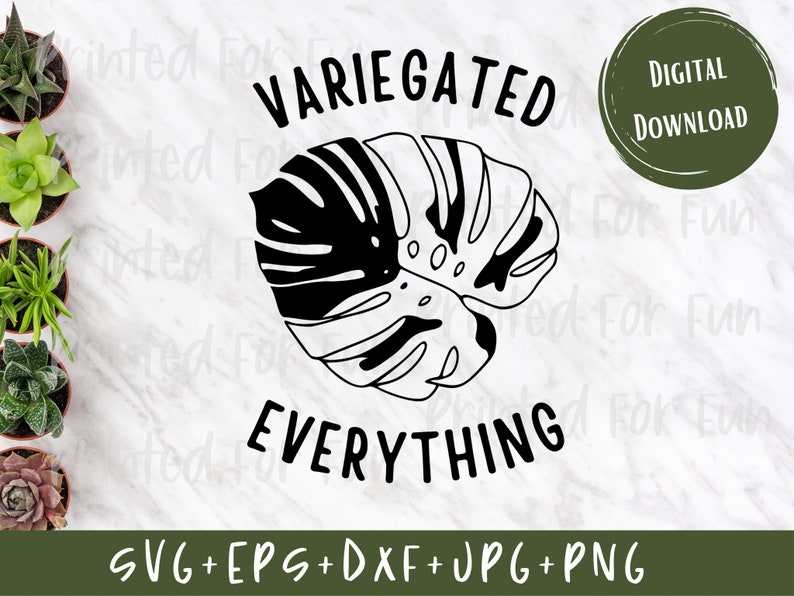 May include: Black and white graphic design featuring a stylised monstera leaf with the text "VARIEGATED EVERYTHING" in a bold font.