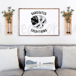 May include: A white framed sign with black text that reads "Variegated Everything" and a black silhouette of a monstera leaf. The sign is hanging on a white wall above a grey sofa with cushions. Two wooden wall planters with clear glass tubes are on either side of the sign.