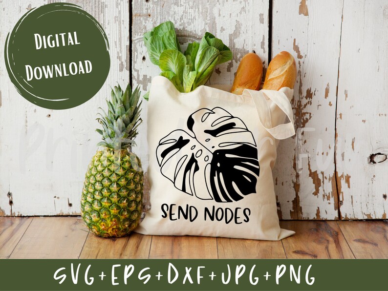 May include: A white tote bag with a black monstera leaf design and the text "Send Nodes".