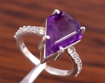 Amethyst Ring for Women Amethyst Ring for girl Diamond cut Amethyst ring Engagement Ring Sterling Silver Ring,February birthstone Ring R-083