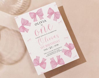 Pink Bow 1st Birthday Invitation Girl, First Birthday Template Printable, Bow Invite