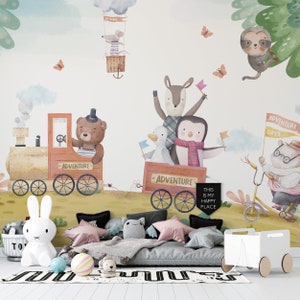 Whimsical Animal Train Adventure Wallpaper Mural for Kids Room