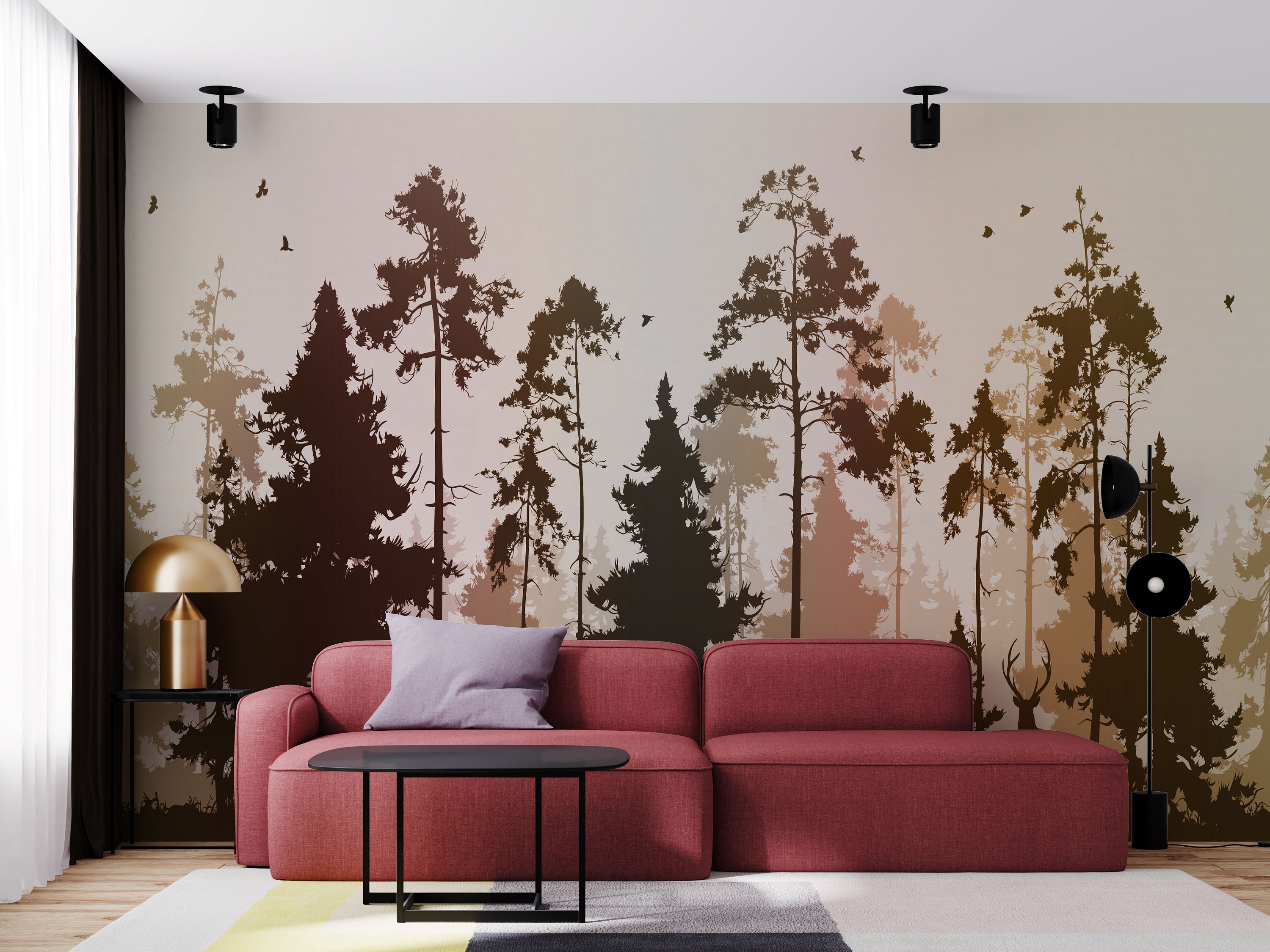 Pine Forest Wallpaper Deer and Birds Natural Forest Peel and - Etsy