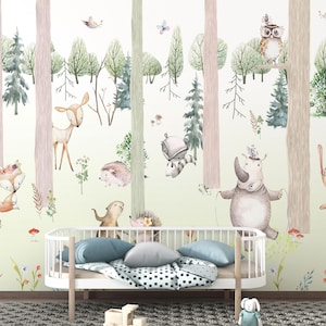 Carta da parati murale con animali della foresta per la cameretta dei bambini - Decorazione murale per cameretta dei bambini con creature del bosco