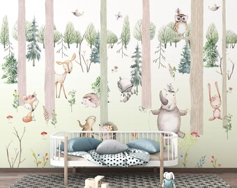 Whimsical Forest Animal Wallpaper Mural for Kids Room- Woodland Creatures Nursery Wall Decor