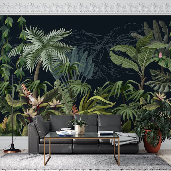 Jungle Tree and Flower Wallpaper, Dark Forest and Green Leaves Peel and Stick, Self Adhesive, Wallpaper Murals by welovewallz