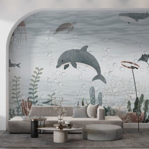 Whimsical Underwater Sea Life Wall Art – Dolphin, Turtle, Jellyfish & Coral Mural Print for Kids’ Room and Nursery Wallpaper