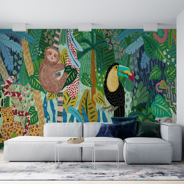 Jungle Animals Wallpaper, sloth, snake, leopard, parrot, Peel and Stick, Self Adhesive, Wallpaper Murals by welovewallz