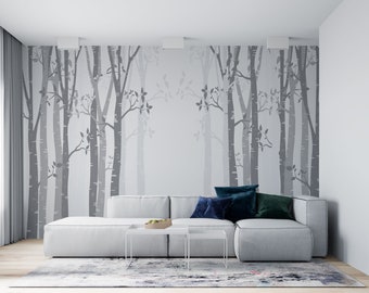 Birch Tree Wallpaper, Gray and Black Jungle Illustraion Peel and Stick, Self Adhesive, Wallpaper Murals by welovewallz