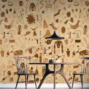 Tribal Beige Wallpaper Mural: Primitive Peel and Stick Wall Decor