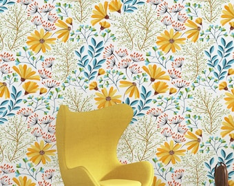 Vintage Floral Wallpaper with Yellow Daisies and Green Leaves for Walls