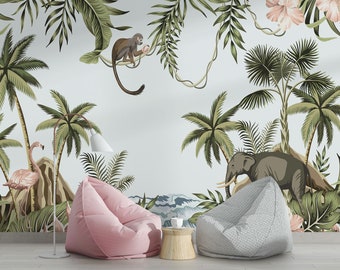 May include: A vibrant jungle-themed wall mural featuring palm trees, a flamingo, an elephant, and a monkey. The design includes lush green foliage, pink flowers, and a light blue background. Two beanbag chairs, one pink and one gray, are in the foreground.