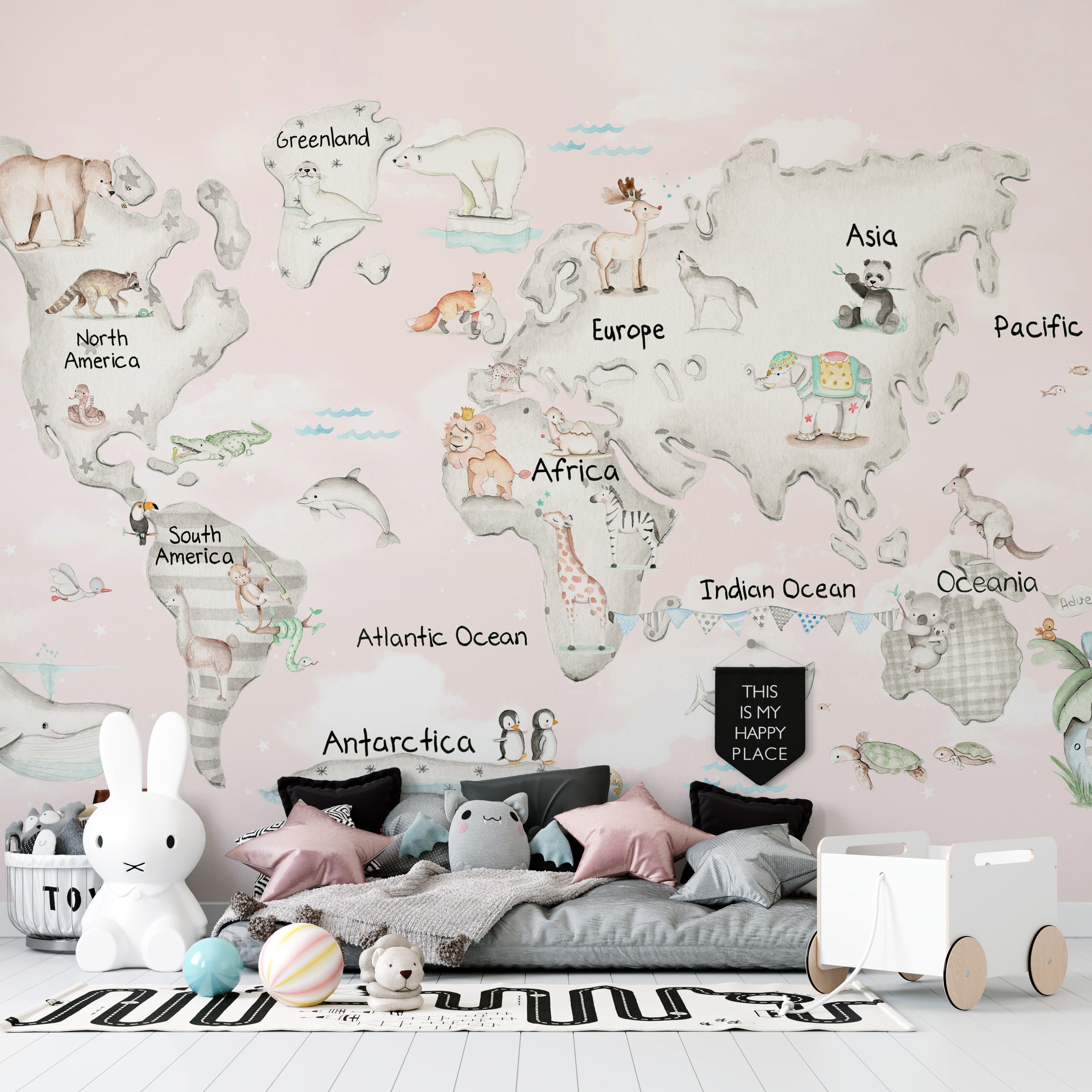 Pastel Animal World Map Wallpaper Mural - Kids Room Peel and Stick - Etsy