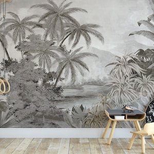 Mural de pared vintage de selva tropical con palmeras y exuberante follaje