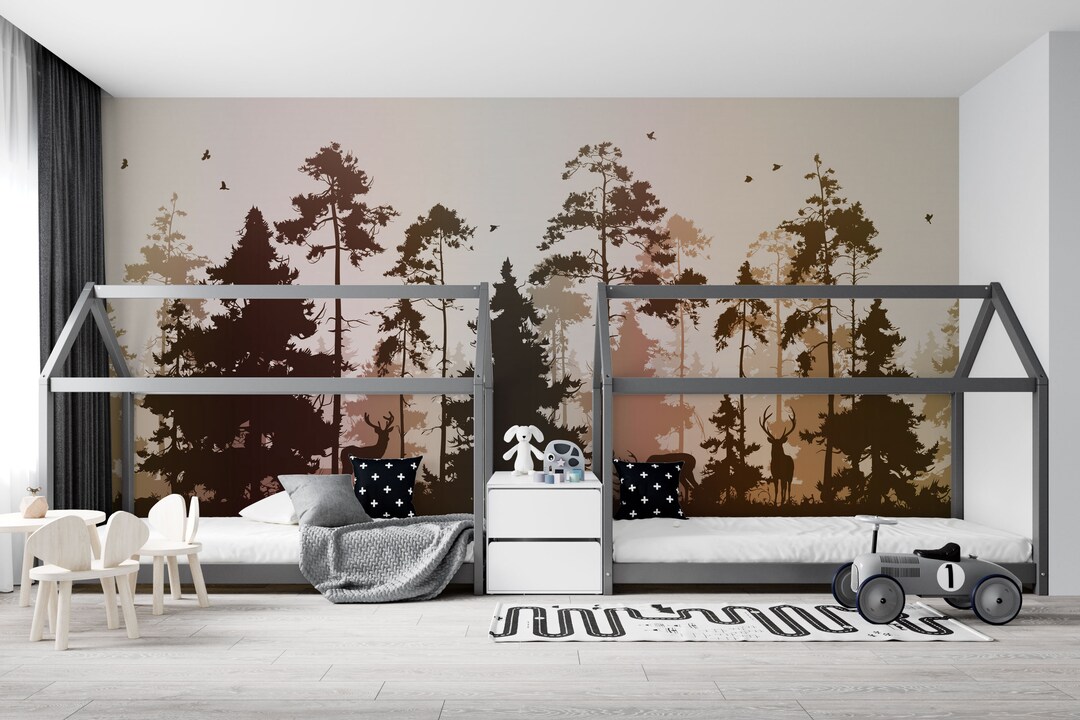 Pine Forest Wallpaper Deer and Birds Natural Forest Peel and - Etsy