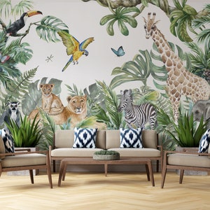 Watercolor Jungle Animal Wallpaper, Lion, Giraffe, elephant & Parrot Peel and Stick, Self Adhesive, Wallpaper Murals by welovewallz