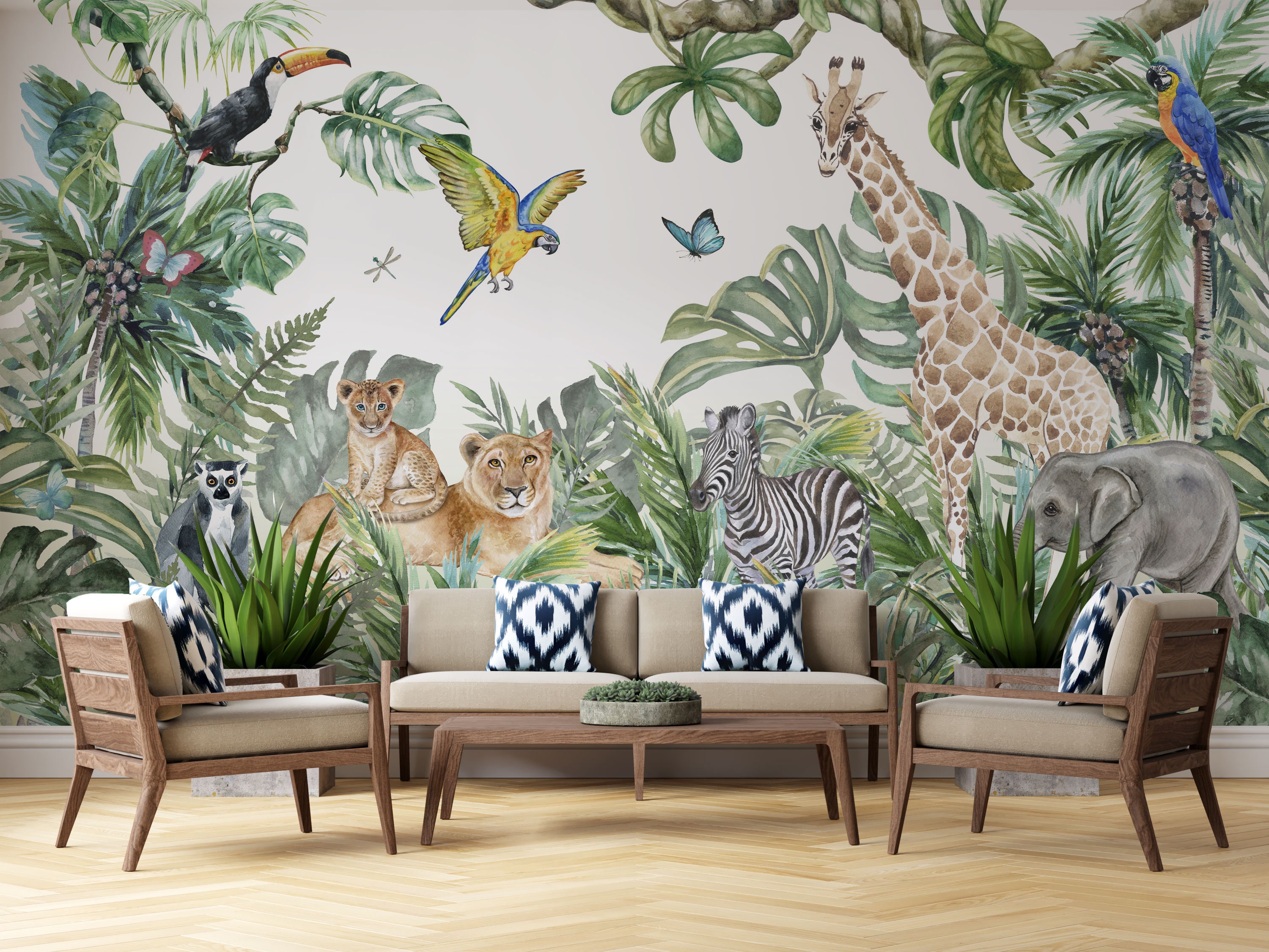 Lion Wall Mural giraffe Watercolor jungle and animals wallpaper