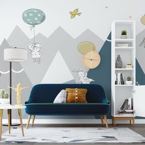 Whimsical Kids Wallpaper with Bunnies, Balloons, and Mountain Design for Nursery & Playroom