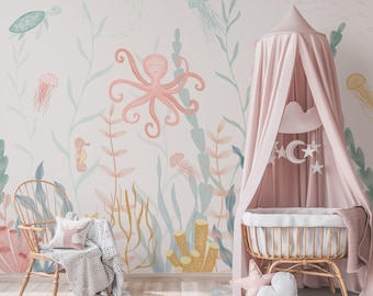 Pastel Watercolor Underwater Sea Life Wallpaper Mural – Kids Room Ocean Theme Wallpaper