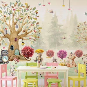 Whimsical Woodland Animal Wall Mural - Fantasy Forest Nursery Decor, Watercolor Tree House for Kids Room Wallpaper