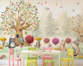 Forest Animal Wallpaper Mural: Peel & Stick Kids Nursery Decor