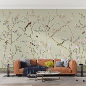 Elegant Floral and Bird Chinoiserie Wallpaper Mural – Vintage Garden Wall Décor, Soft Pastel Botanical Wallcovering for Living Room