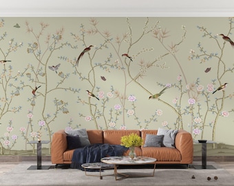 Chinoiserie Blomma och Fågel Fototapet - Ljus Färg