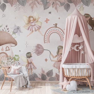Whimsical Fairy Tale Kids Wallpaper Mural with Mushrooms and Flowers for Nursery Room