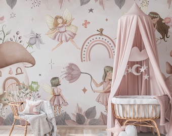 Whimsical Fairy Tale Kids Wallpaper Mural with Mushrooms and Flowers for Nursery Room