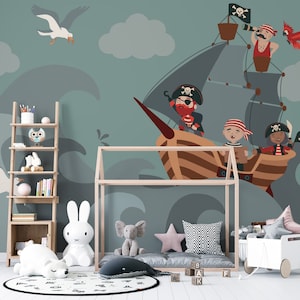 May include: A whimsical children's room featuring a pirate ship mural with cartoon pirates, a seagull, and clouds. The room includes a wooden bed frame, a bookshelf, and various stuffed animals, including a polar bear, a bunny, and an elephant.