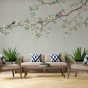 Green Wallpaper, Birds in Branches Flowers, Tree Peel and Stick, Self Adhesive, Wallpaper Murals by welovewallz