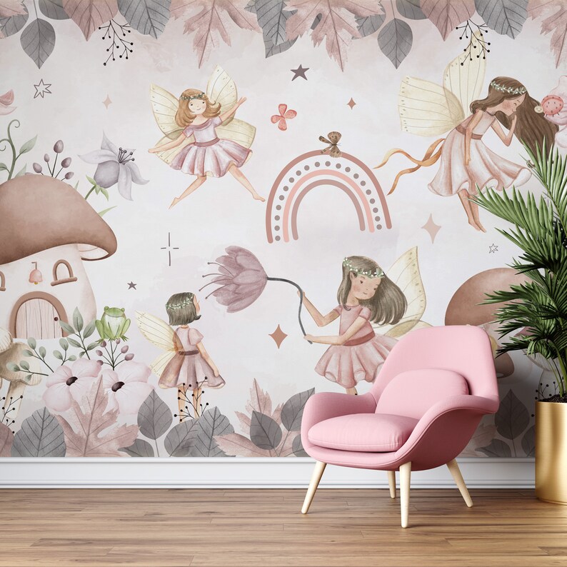 Whimsical Fairy Tale Kids Wallpaper Mural With Mushrooms and Flowers ...