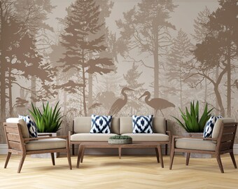 Serene Brown Forest Wall Mural with Elegant Herons – Nature-Inspired Woodland Wallpaper