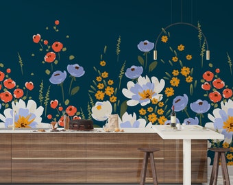 Whimsical Wildflowers Blue Wallpaper Mural for Walls - Floral Wall Decoration, Nature Inspired Room Accent