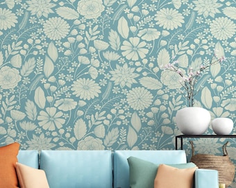 Vintage Blue Floral Wallpaper Pattern – Elegant Botanical Wallpaper for Walls