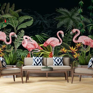Pink Flamingo Wallpaper, Jungle Forest Peel and Stick, Self Adhesive, Wallpaper Murals by welovewallz