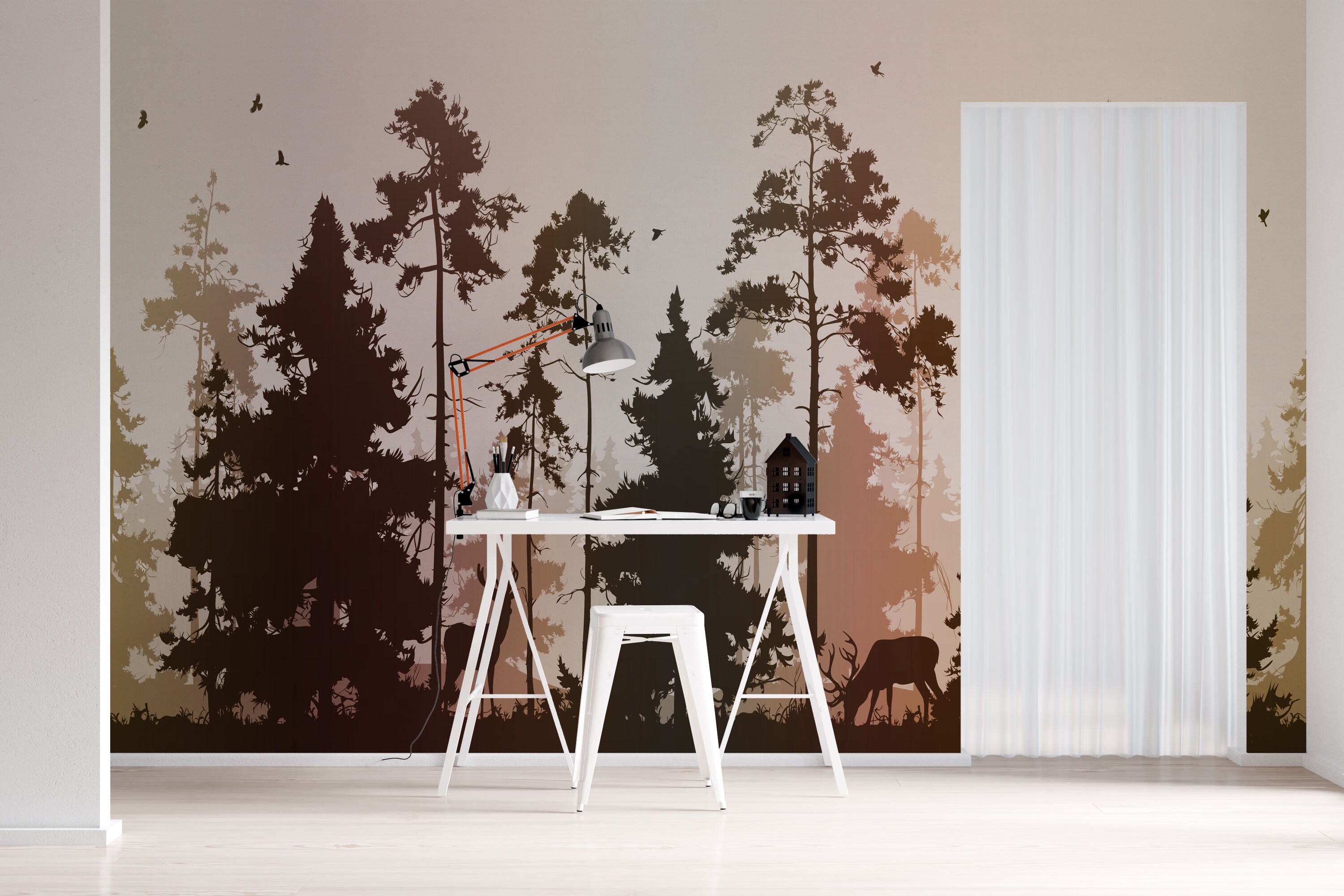 Pine Forest Wallpaper Deer and Birds Natural Forest Peel and | Etsy