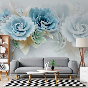 Elegant Blue and White 3D Floral Mural Wallpaper for Walls